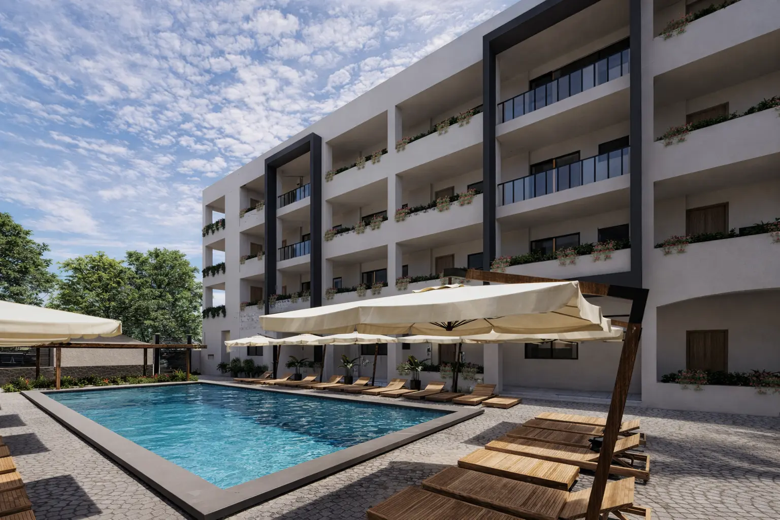 Fachada frontal de Sundara Condos & Plaza con balcones y vegetación, Santa Cruz, Huatulco