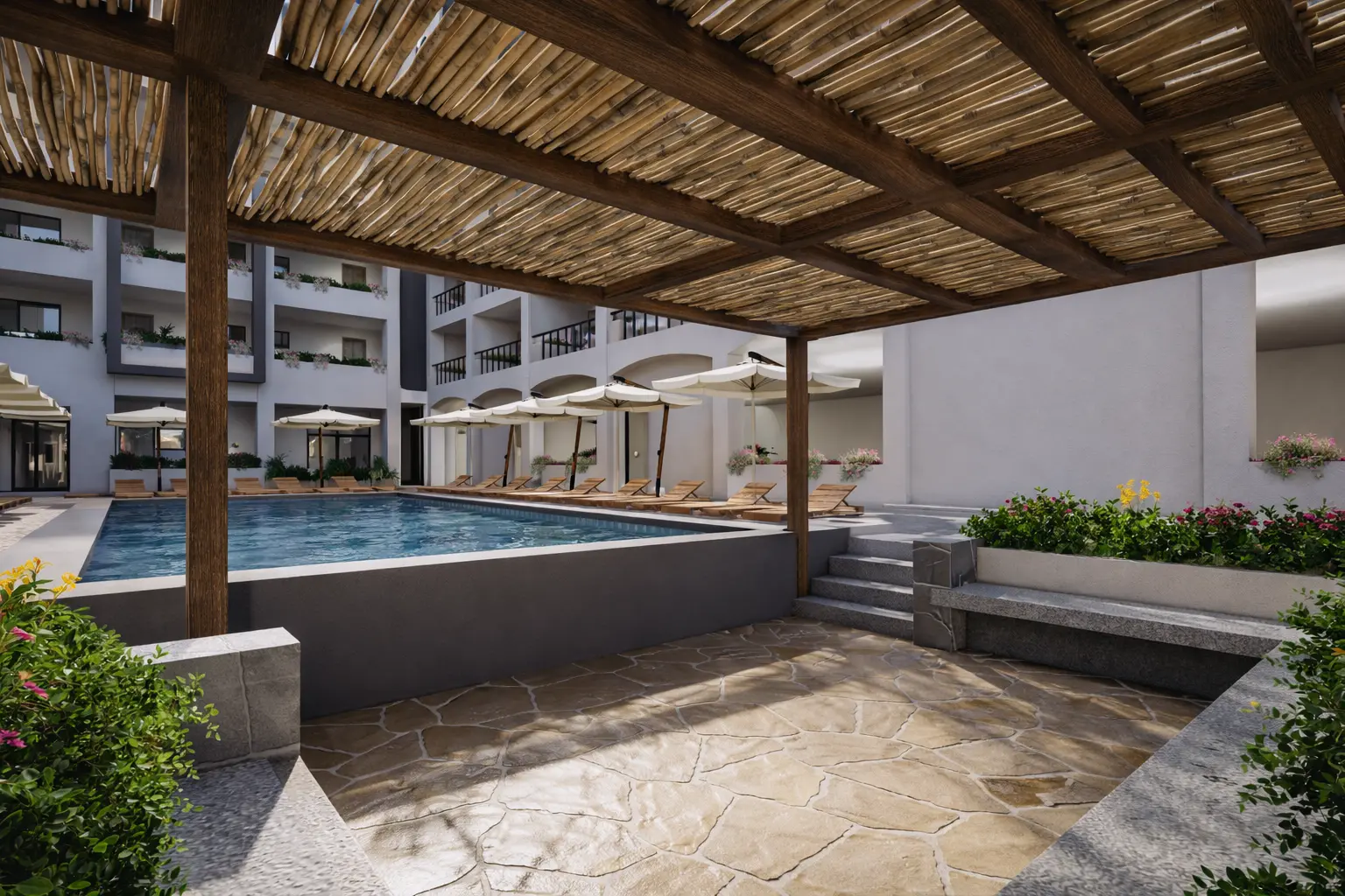 Alberca y pérgola de Sundara Condos & Plaza, Santa Cruz, Huatulco