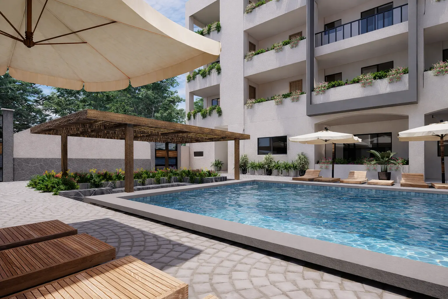 Vista de conjunto de Sundara Condos & Plaza desde la calle, Santa Cruz, Huatulco