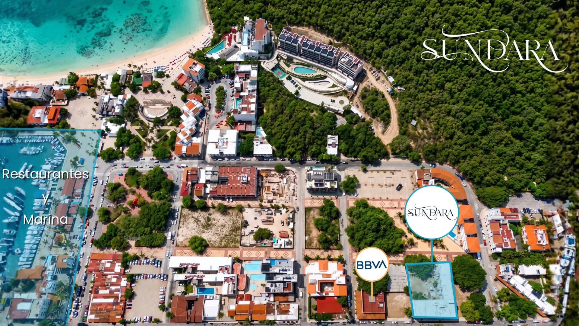 Vista aérea de Santa Cruz, Huatulco, con la ubicación de Sundara, la marina, los restaurantes y la playa