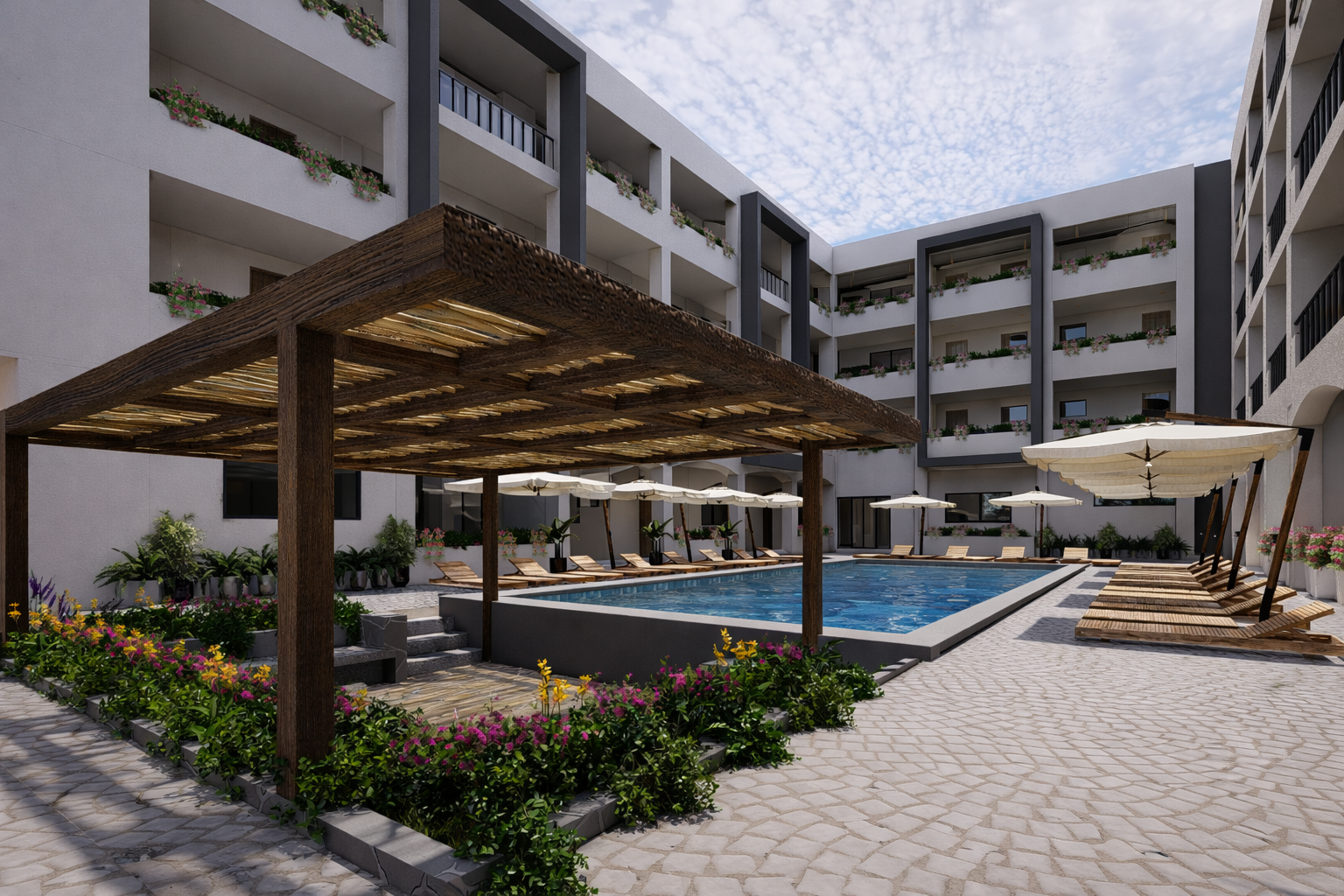 Alberca central en Sundara Condos & Plaza, Santa Cruz, Huatulco