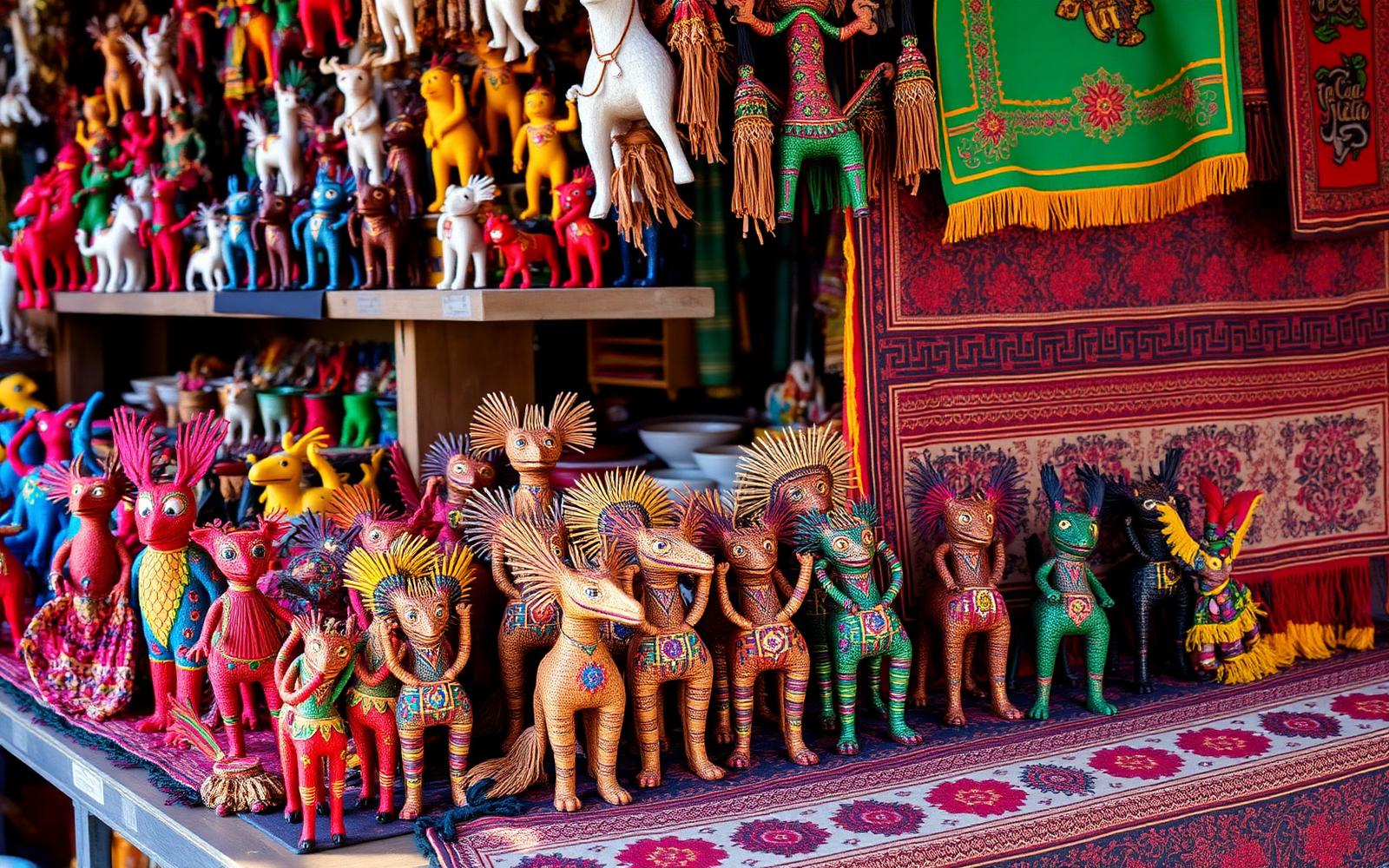 Alebrijes y textiles bordados de Oaxaca en un mercado tradicional